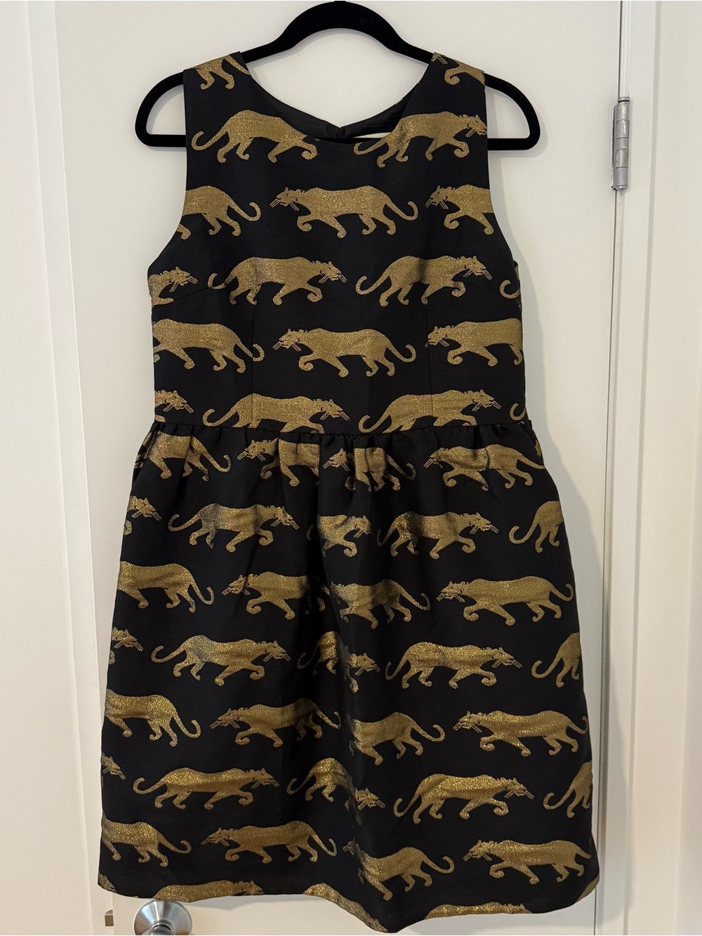 Anthropologie Eye Doll Black Dress with Gold Panther Motif, size 6 - Picture 2 of 7